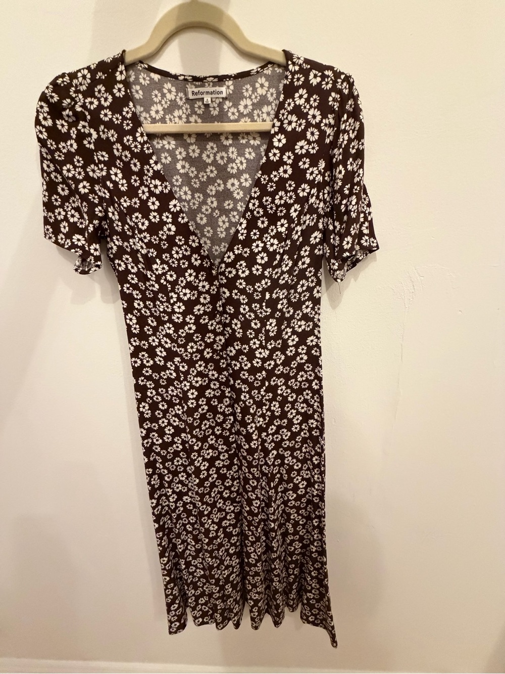 Reformation Brown Daisy-Print V-Neck Midi Dress